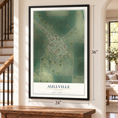 Aullville, Missouri map, 24 x 36 inch print in a black frame by a staircase