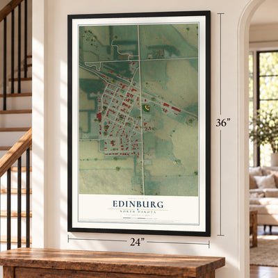 Edinburg, North Dakota map, 24 x 36 inch print in a black frame by a staircase