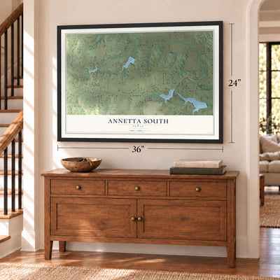 Annetta South, Texas map, 24 x 36 inch print in a black frame above a dresser by a staircase