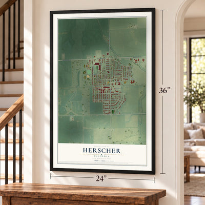 Herscher, Illinois map, 24 x 36 inch print in a black frame by a staircase