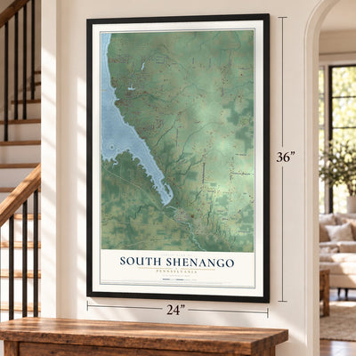 South Shenango, Pennsylvania map, 24 x 36 inch print in a black frame by a staircase