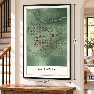 Callaway, Nebraska map, 24 x 36 inch print in a black frame by a staircase