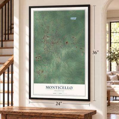 Monticello, Arkansas map, 24 x 36 inch print in a black frame by a staircase