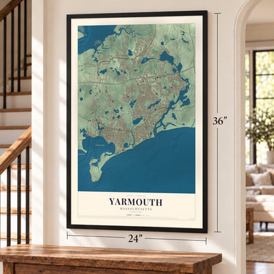 Yarmouth, Massachusetts map, 24 x 36 inch print in a black frame by a staircase