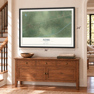 Nome, Texas map, 24 x 36 inch print in a black frame above a dresser by a staircase