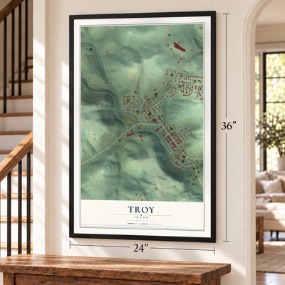 Troy, Idaho map, 24 x 36 inch print in a black frame by a staircase