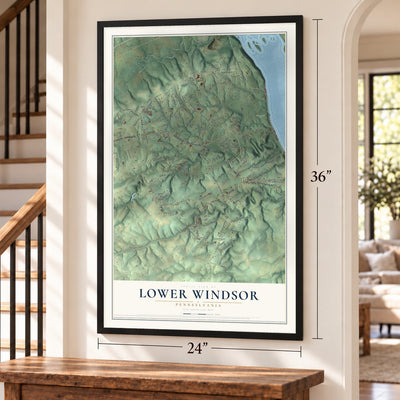 Lower Windsor, Pennsylvania map, 24 x 36 inch print in a black frame by a staircase