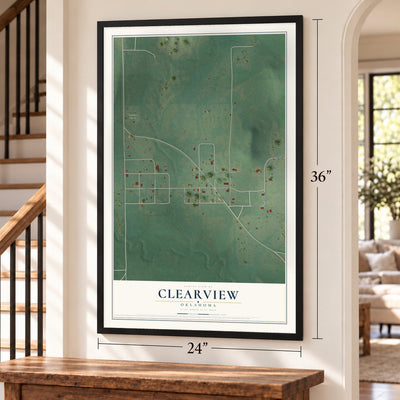 Clearview, Oklahoma map, 24 x 36 inch print in a black frame by a staircase