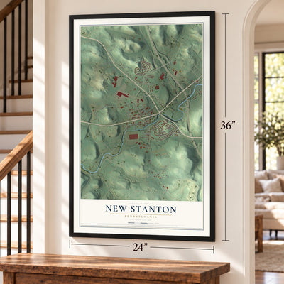 New Stanton, Pennsylvania map, 24 x 36 inch print in a black frame by a staircase