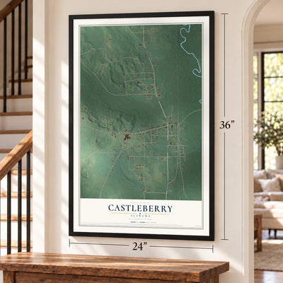 Castleberry, Alabama map, 24 x 36 inch print in a black frame by a staircase