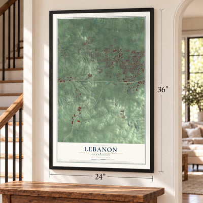 Lebanon, Tennessee map, 24 x 36 inch print in a black frame by a staircase