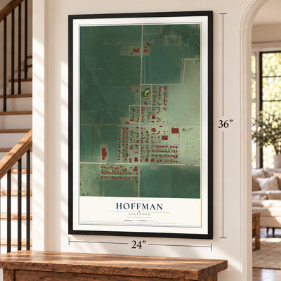 Hoffman, Illinois map, 24 x 36 inch print in a black frame by a staircase