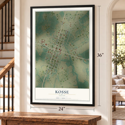 Kosse, Texas map, 24 x 36 inch print in a black frame by a staircase