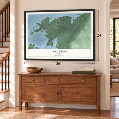 Langston, Alabama map, 24 x 36 inch print in a black frame above a dresser by a staircase