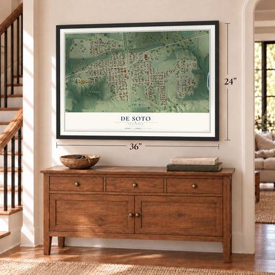 De Soto, Illinois map, 24 x 36 inch print in a black frame above a dresser by a staircase