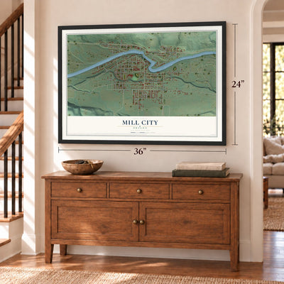 Mill City, Oregon map, 24 x 36 inch print in a black frame above a dresser by a staircase