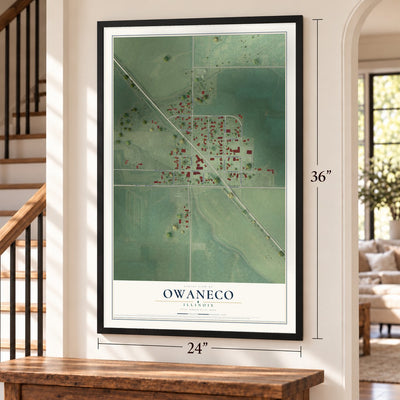 Owaneco, Illinois map, 24 x 36 inch print in a black frame by a staircase