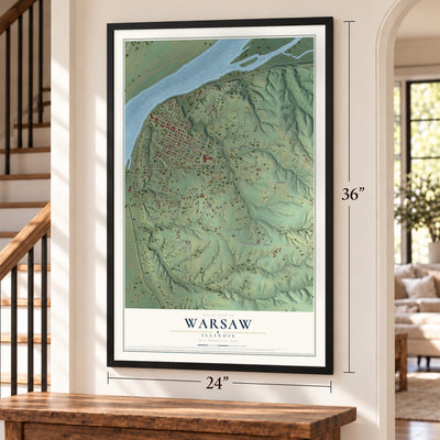 Warsaw, Illinois map, 24 x 36 inch print in a black frame by a staircase