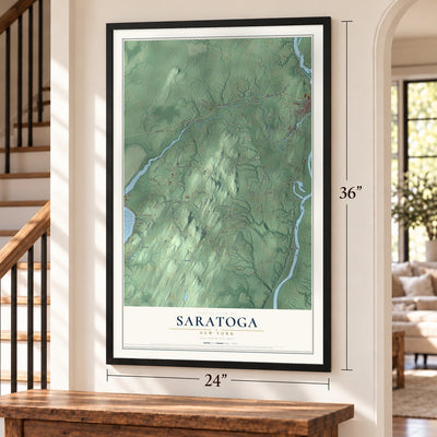 Saratoga, New York map, 24 x 36 inch print in a black frame by a staircase