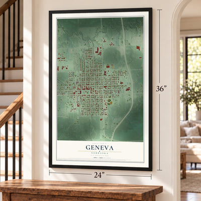 Geneva, Nebraska map, 24 x 36 inch print in a black frame by a staircase