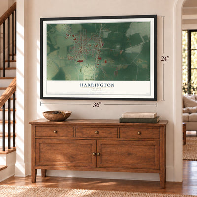 Harrington, Delaware map, 24 x 36 inch print in a black frame above a dresser by a staircase