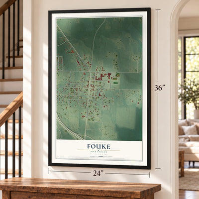 Fouke, Arkansas map, 24 x 36 inch print in a black frame by a staircase