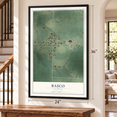 Basco, Illinois map, 24 x 36 inch print in a black frame by a staircase