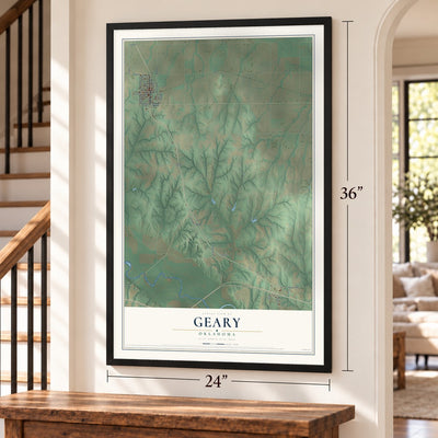 Geary, Oklahoma map, 24 x 36 inch print in a black frame by a staircase