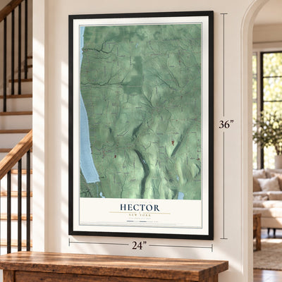 Hector, New York map, 24 x 36 inch print in a black frame by a staircase