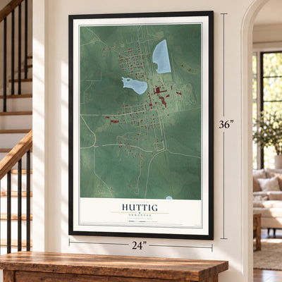 Huttig, Arkansas map, 24 x 36 inch print in a black frame by a staircase