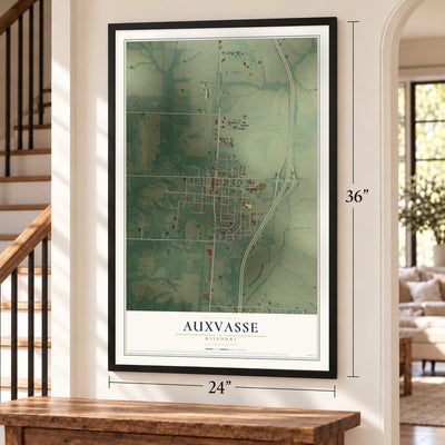 Auxvasse, Missouri map, 24 x 36 inch print in a black frame by a staircase