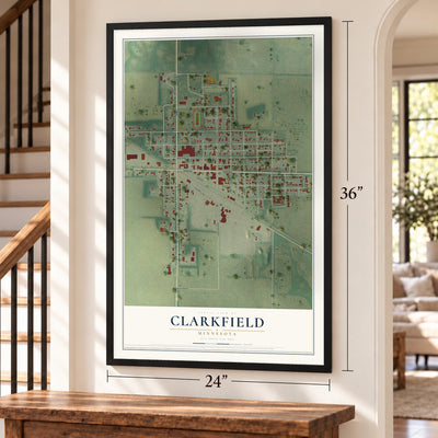 Clarkfield, Minnesota map, 24 x 36 inch print in a black frame by a staircase