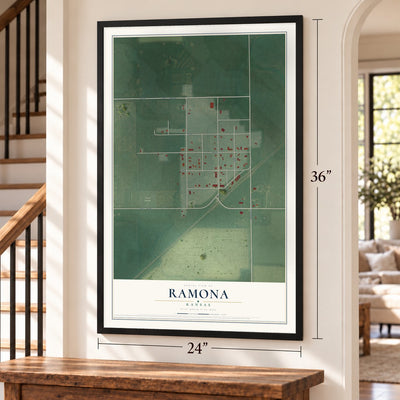 Ramona, Kansas map, 24 x 36 inch print in a black frame by a staircase