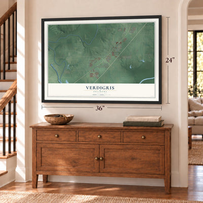 Verdigris, Oklahoma map, 24 x 36 inch print in a black frame above a dresser by a staircase