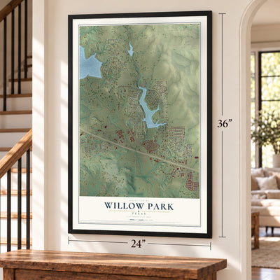 Willow Park, Texas map, 24 x 36 inch print in a black frame by a staircase