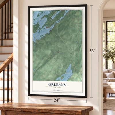 Orleans, New York map, 24 x 36 inch print in a black frame by a staircase