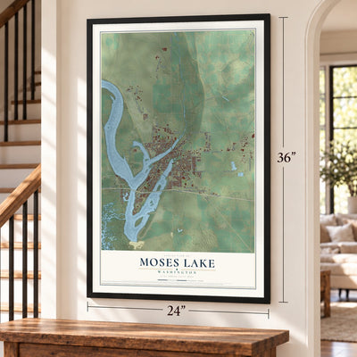Moses Lake, Washington map, 24 x 36 inch print in a black frame by a staircase