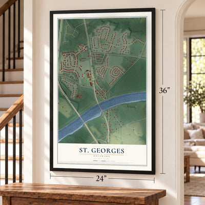 St. Georges, Delaware map, 24 x 36 inch print in a black frame by a staircase