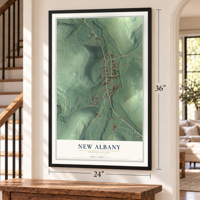 New Albany, Pennsylvania map, 24 x 36 inch print in a black frame by a staircase