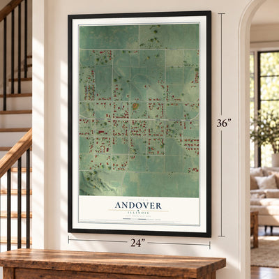 Andover, Illinois map, 24 x 36 inch print in a black frame by a staircase