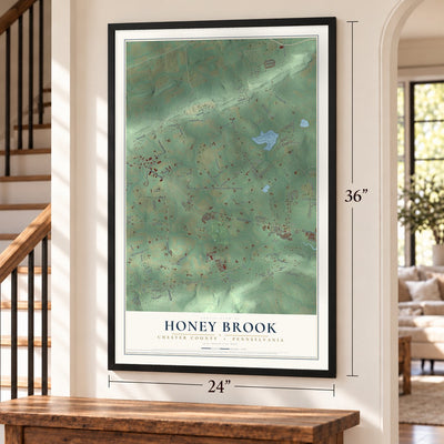 Honey Brook, Chester County, Pennsylvania map, 24 x 36 inch print in a black frame by a staircase