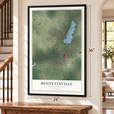 Bennettsville, South Carolina map, 24 x 36 inch print in a black frame by a staircase