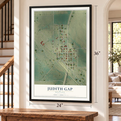 Judith Gap, Montana map, 24 x 36 inch print in a black frame by a staircase