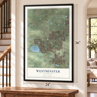 Westminster, Colorado map, 24 x 36 inch print in a black frame by a staircase