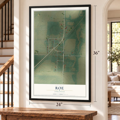 Roe, Arkansas map, 24 x 36 inch print in a black frame by a staircase