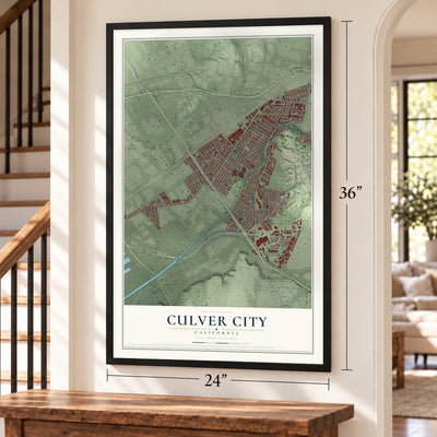 Culver City, California map, 24 x 36 inch print in a black frame by a staircase