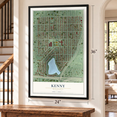 Kenny, Minnesota map, 24 x 36 inch print in a black frame by a staircase
