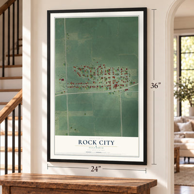 Rock City, Illinois map, 24 x 36 inch print in a black frame by a staircase