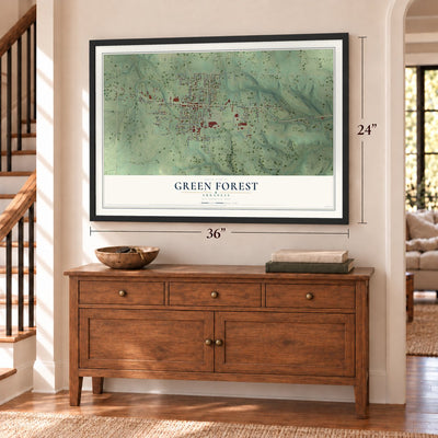 Green Forest, Arkansas map, 24 x 36 inch print in a black frame above a dresser by a staircase