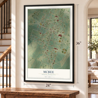 McBee, South Carolina map, 24 x 36 inch print in a black frame by a staircase